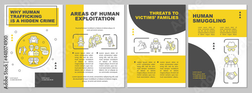 Human trade and exploitation brochure template. Hidden crime. Flyer, booklet, leaflet print, cover design with linear icons. Vector layouts for presentation, annual reports, advertisement pages