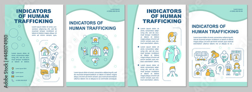 Indicators of human trafficking brochure template. Signs of abuse. Flyer, booklet, leaflet print, cover design with linear icons. Vector layouts for presentation, annual reports, advertisement pages