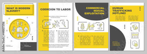 Types of slavery and forced labor brochure template. Exploitation. Flyer, booklet, leaflet print, cover design with linear icons. Vector layouts for presentation, annual reports, advertisement pages