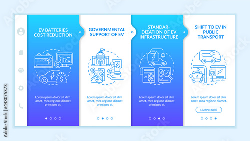 EV governmental support onboarding vector template. Responsive mobile website with icons. Web page walkthrough 4 step screens. Eco-friendly transport structures color concept with linear illustrations