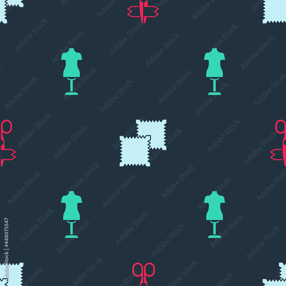 Set Scissors, Textile fabric roll and Mannequin on seamless pattern. Vector Set Scissors, Textile fabric roll and Mannequin on seamless pattern. Vector