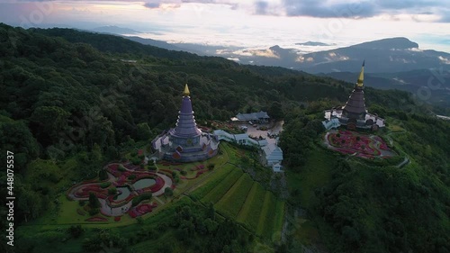 Aerial view (drone shot) of sunrise scence of two pagoda on the top of Inthanon mountain in doi Inthanon national park, Chiang Mai, Thailand