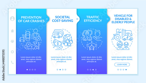 Prevention car crashes onboarding vector template. Responsive mobile website with icons. Web page walkthrough 4 step screens. Autonomous electric green vehicle color concept with linear illustrations