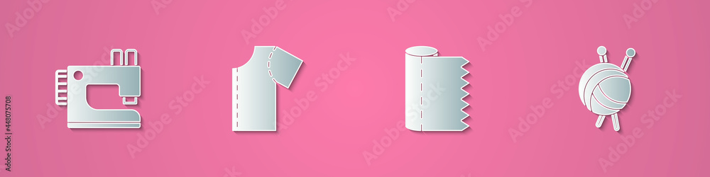 Set paper cut Sewing machine, pattern, Textile fabric roll and Yarn ball with knitting needles icon. Paper art style. Vector Set paper cut Sewing machine, pattern, Textile fabric roll and Yarn ball with knitting needles icon. Paper art style. Vector
