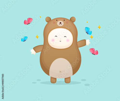 Cute baby in bear costume playing with butterfly. Mascot cartoon illustration Premium Vector