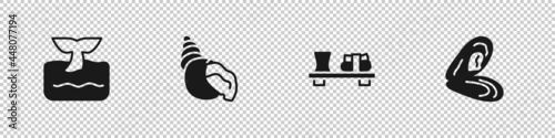 Set Whale tail in ocean wave, Scallop sea shell, Sushi on cutting board and Mussel icon. Vector