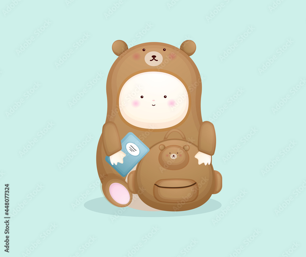 Cute baby in bear costume ready go to school. Mascot cartoon illustration Premium Vector Cute baby in bear costume ready go to school. Mascot cartoon illustration Premium Vector