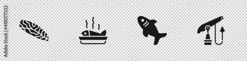 Set Fish steak, Served fish on plate, Shark and Fishing harpoon icon. Vector