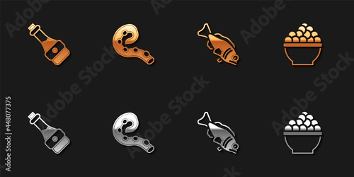Set Soy sauce bottle, Octopus of tentacle, Fish and Caviar icon. Vector