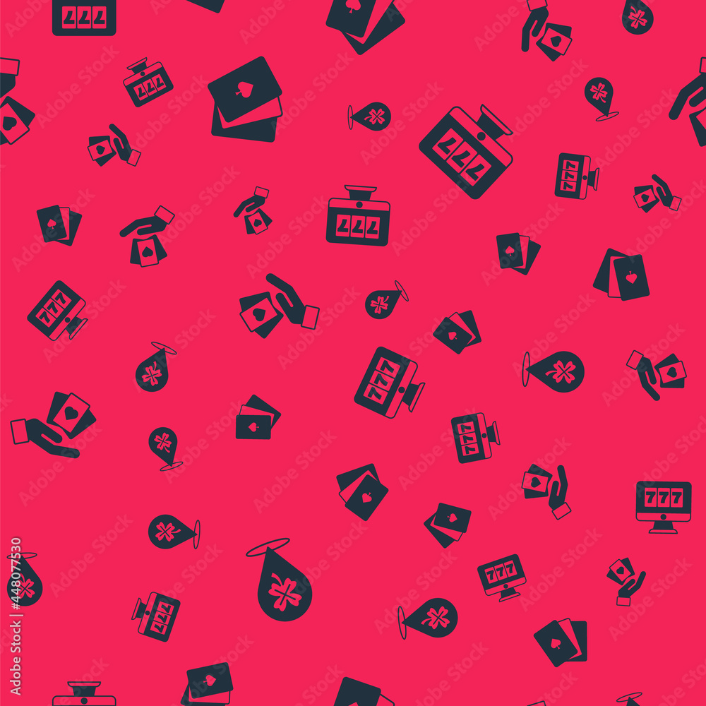 Set Casino slot machine with clover, Deck of playing cards, Hand holding and Online jackpot on seamless pattern. Vector Set Casino slot machine with clover, Deck of playing cards, Hand holding and Online jackpot on seamless pattern. Vector