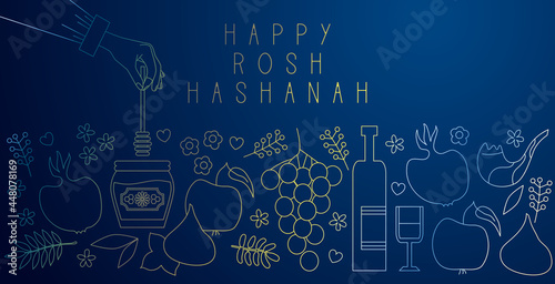 Rosh Hashanah. Vector illustration. Jewish new year greeting card banner with traditional icons. Happy New Year, Shana Tova. Apple, honey, flowers and leaves, Jewish New Year symbols and icons
