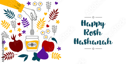 Jewish new year, rosh hashanah, greeting card banner with traditional icons. Happy New Year, Shana Tova in Hebrew. Apple, honey, flowers and leaves, Jewish New Year symbols and icons