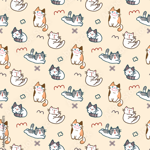 Seamless Pattern with Cartoon Cat Illustration Design on Light Yellow Background