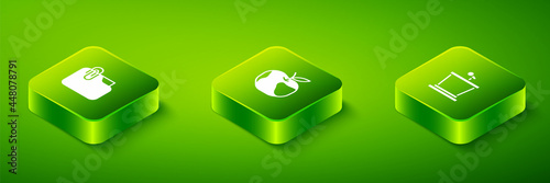 Set Isometric Apple, Stage stand and Document folder with clip icon. Vector