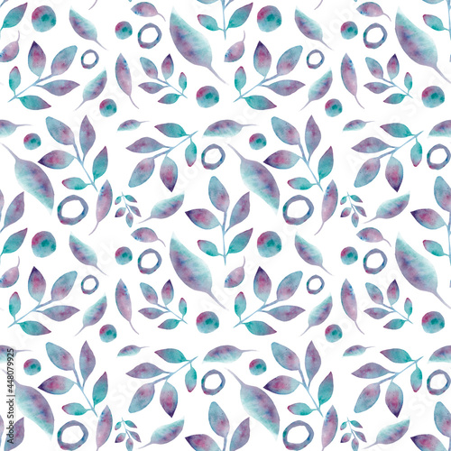 Watercolor seamless botanical pattern in colorful style, abstract leaves and various elements in one style on white background