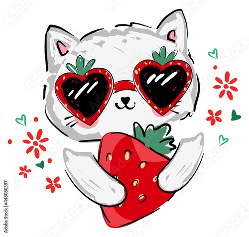 Cute Kitten in sunglasses and Strawberry vector illustration hand drawn Childrens summer trend print sketch cat