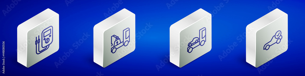 Set Isometric line Multimeter, Tow truck, Car transporter and Auto service check automotive icon. Vector Set Isometric line Multimeter, Tow truck, Car transporter and Auto service check automotive icon. Vector