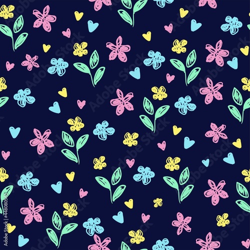 Cute Flowers blue background print for textile. The drawn small flowers beautiful illustration for the fabric. Design ornament pattern seamless. Vector