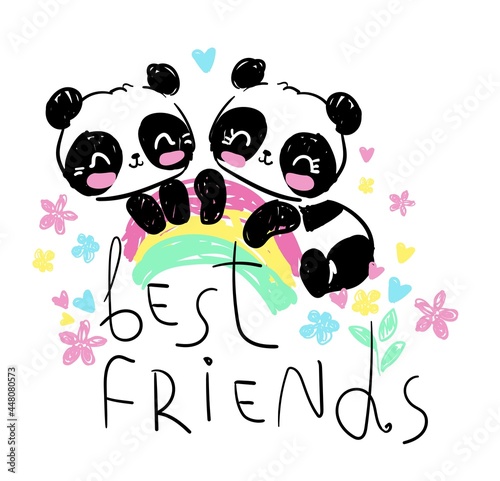 Hand Drawn cute Panda childlike illustration, children print design vector Best Friends letters
