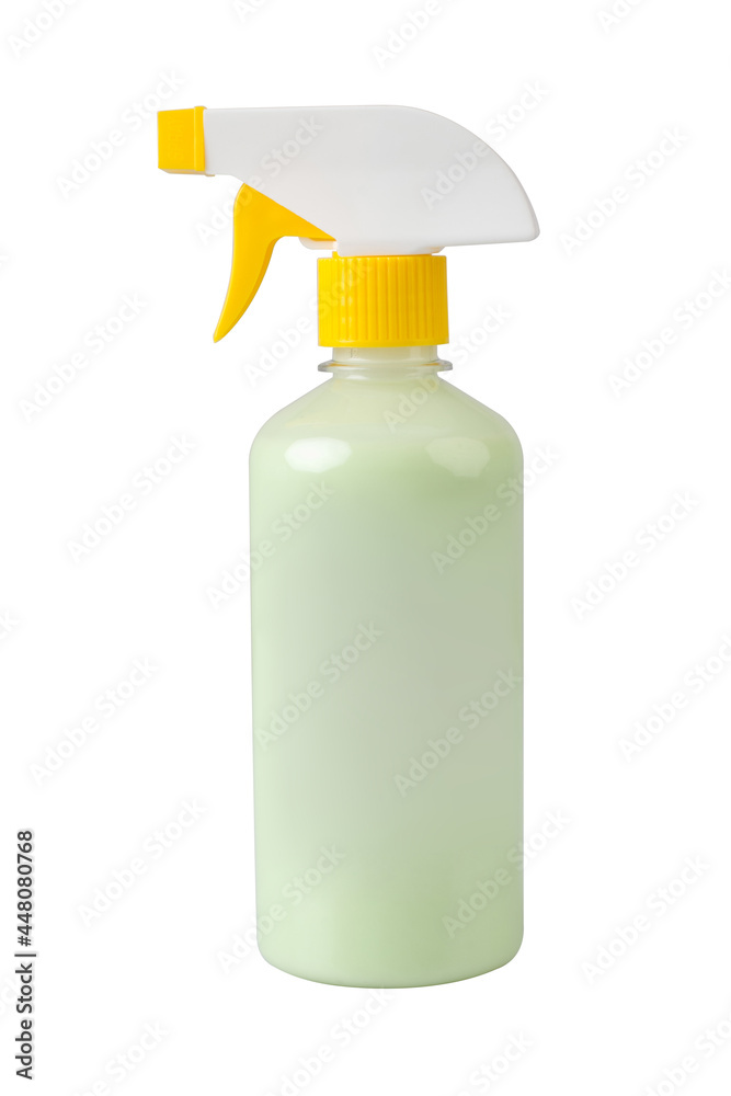 Blank spray bottle with green liquid inside isolated on white background Blank spray bottle with green liquid inside isolated on white background