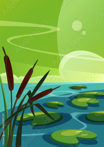 Landscape with reeds on the lake. Natural scenery in vertical orientation.