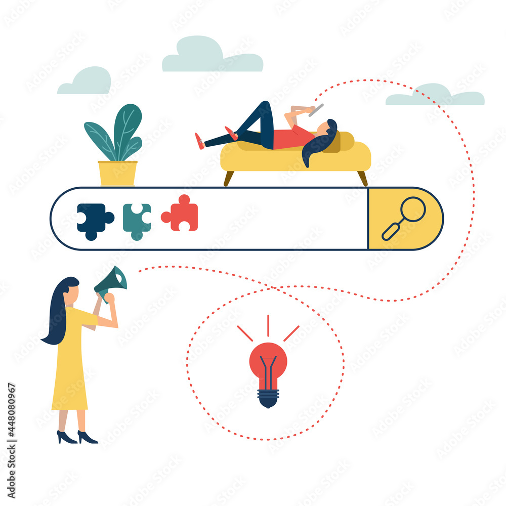 Сonceptual illustration of internet search. Internet search concept illustration. Woman is looking for ideas on the Internet. Mobile web graphics and flat design. Сommunication via the Internet
