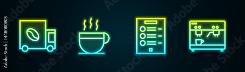 Set line Coffee street truck machine, cup, menu and . Glowing neon icon. Vector