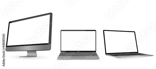Laptop mockup with blank screen. Computer mockup set.
