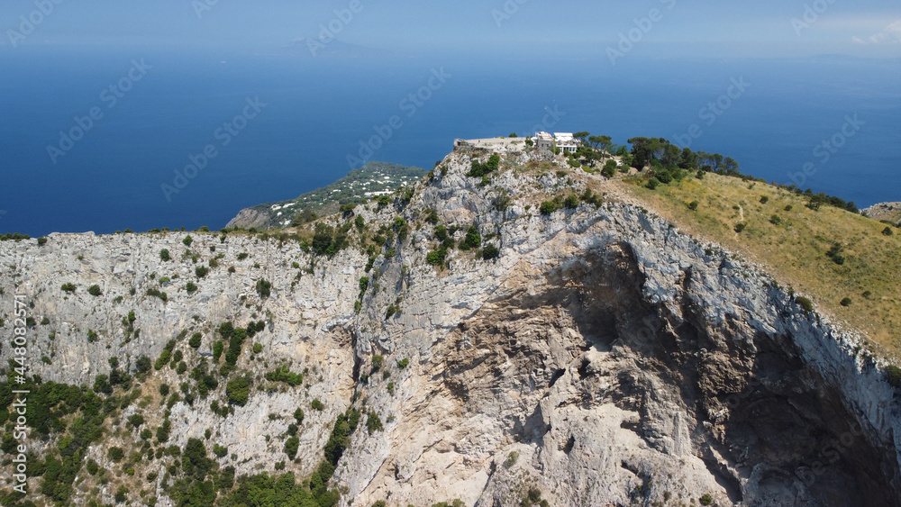 Capri, Italy. Amazing panoramic drone view from Mt Solaro on a sunny summer day.