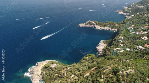 Fototapeta Naklejka Na Ścianę i Meble -  Amalfi coast from Punta Campanella near Sorrento. Amazing aerial view from drone in summer season.