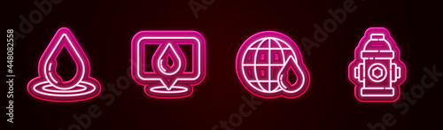 Set line Water drop, with location, Earth planet in water and Fire hydrant. Glowing neon icon. Vector