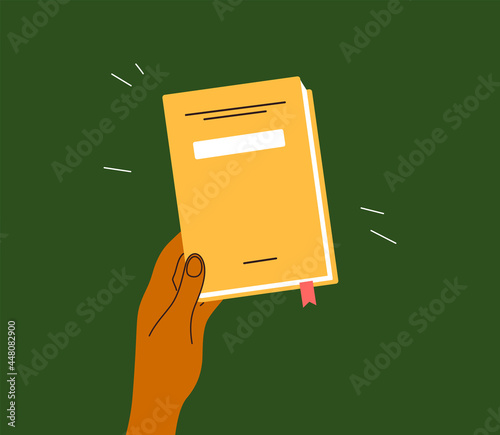 Human hand holding finished or new book. Relaxing time to morning pages, note diary, daily reading. Back to school. Book club member. Education, literacy day. Bookstore, library vector illustration