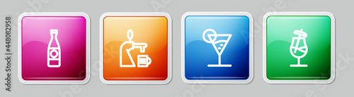 Set line Beer bottle, tap with glass, Martini and Cocktail. Colorful square button. Vector