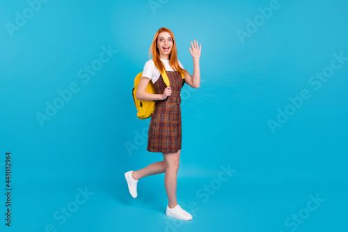 Photo of sweet impressed young woman dressed checkered dress glasses backpack waving arm isolated blue color background