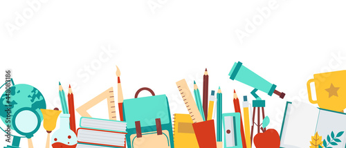 Horizontal banner template with school supplies, tools, stationery, items. Back to school concept for web and promotional materials. Sale leaflet, advertising. Vector illustration isolated on white