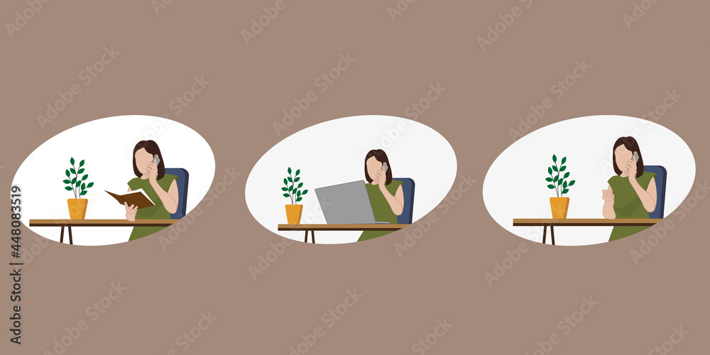 Fototapeta premium Business woman at work desk with laptop. Freelancer or office worker. Woman uses laptop and phone while working on a project in the office. Office work at the table. Set. 