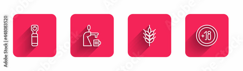 Set line Bottle opener, Beer tap with glass, Hop and Alcohol 18 plus with long shadow. Red square button. Vector