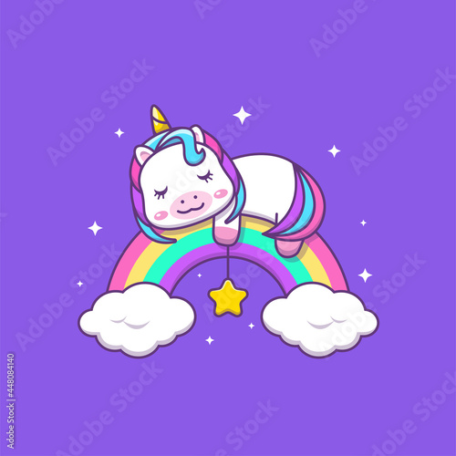 Cute kawai unicorn sleeping on rainbow cartoon illustration