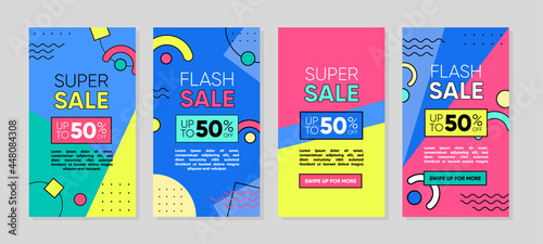 Trendy geometric abstract template for social media post or advertisement. Sale banner template design, Super sale special offer set. Abstract Colorful Memphis Background.