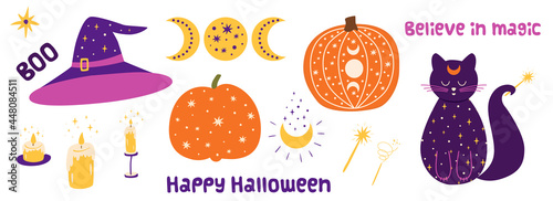 Magic halloween set. Halloween party isolated elements pumpkin, witch hat, moon cat, moon phase