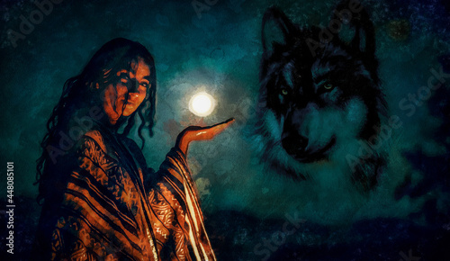 beautiful woman and wolf at the moon.