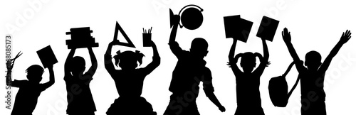 Back to school. Silhouette of school children or pupils or first graders with school supplies. Vector illustration.