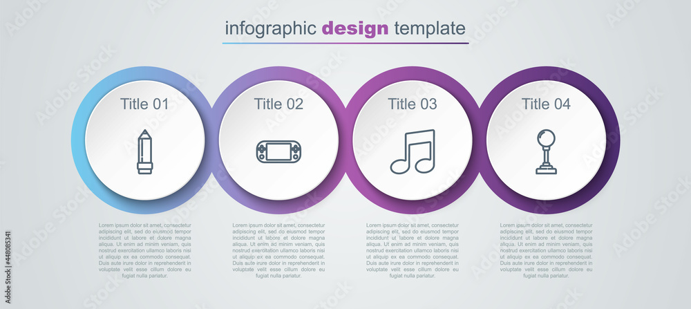 Set line Pencil with eraser, Portable video game console, Music note, tone and Joystick for arcade machine. Business infographic template. Vector Set line Pencil with eraser, Portable video game console, Music note, tone and Joystick for arcade machine. Business infographic template. Vector