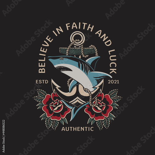 Illustration of shark and anchor with traditional tattoo style vector