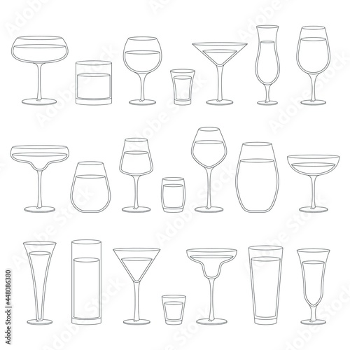Collection of drink glasses. Illustration of outlined glass silhouettes. Vector icon set.