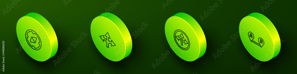 Set Isometric line Compass, Road traffic sign, and Route location icon. Vector Set Isometric line Compass, Road traffic sign, and Route location icon. Vector