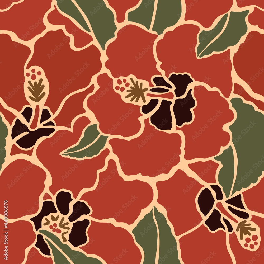 Tropical hibiscus flowers drawn in a minimalistic style. Floral Seamless Pattern Tropical hibiscus flowers drawn in a minimalistic style. Floral Seamless Pattern