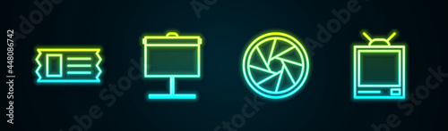 Set line Cinema ticket, Projection screen, Camera shutter and Retro tv. Glowing neon icon. Vector