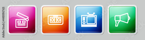 Set line Movie clapper, VHS video cassette tape, Retro tv and Megaphone. Colorful square button. Vector