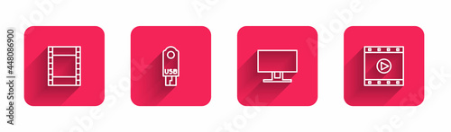 Set line Play Video, USB flash drive, Smart Tv and with long shadow. Red square button. Vector